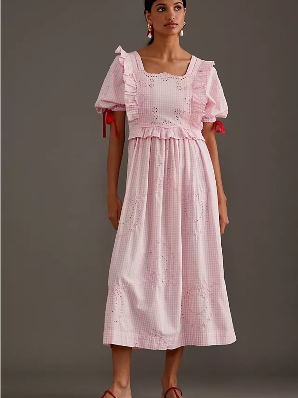 NWT Damson Madder Rhea Pink Gingham Eyelet Midi Dress with Ruffle Bodice